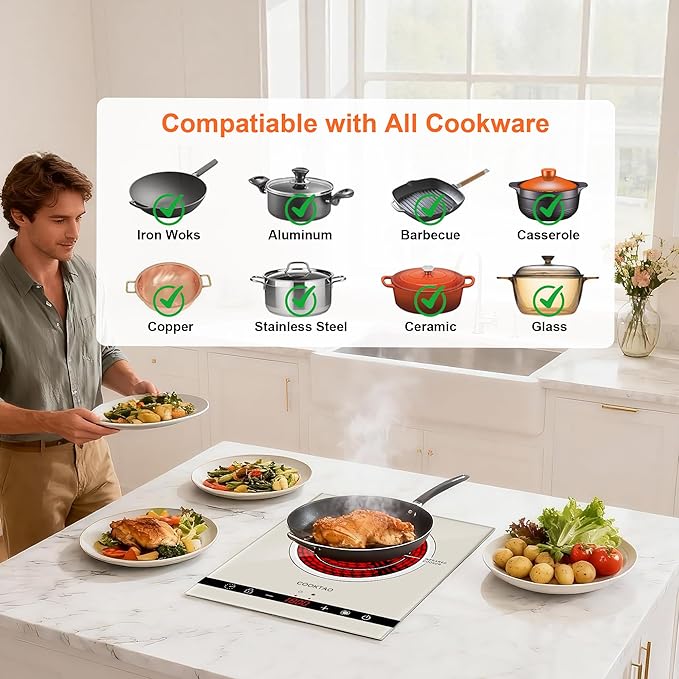 Dual Coils Design of Single Burner Electric Cooktop, 1800W Infrared Ceramic Hot Plate for Cooking, Portable Countertop or Built-in Radiant Stove Top Cooker, Compatible with All Cookware