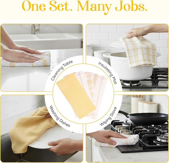 Kitchen Towels Set of 4 Dish Towels Yellow n White Waffle Weave Cotton Hand - Image 8