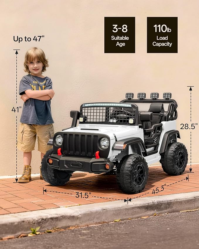 2 Seater Ride on Car Toy, 12V Electric Car for Kids 4-8 with Remote Control, Capacity 110 lb, LED Light - White