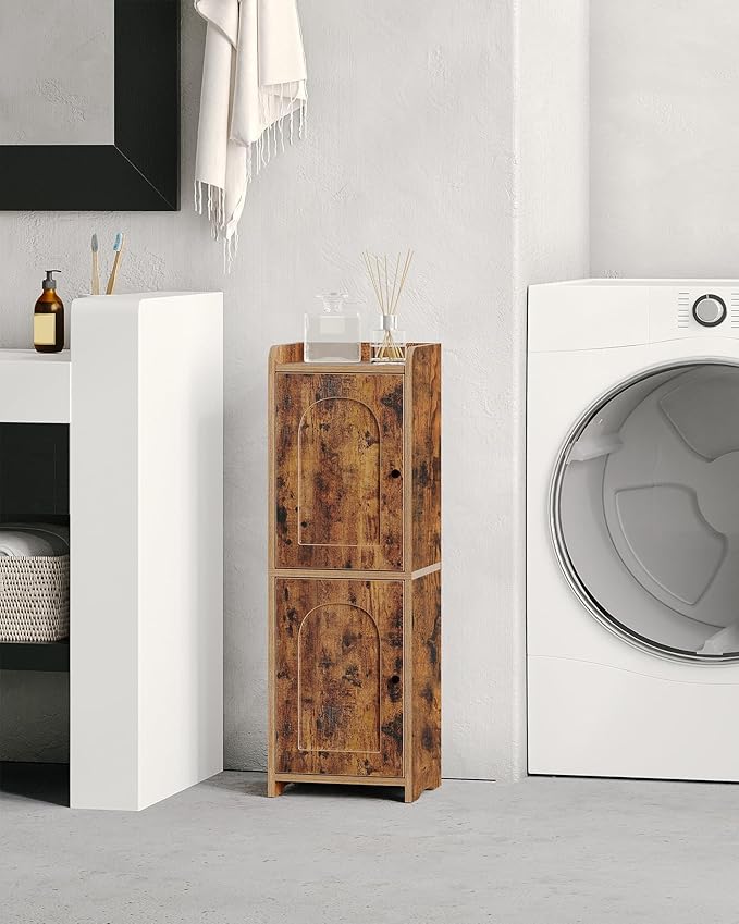 Bathroom Storage Cabinet, Small Corner Floor Cabinet with 2 Doors and Adjustable Shelf, Narrow Toilet Paper Cabinets, Bathroom Organizer for Small Spaces, 7.9"D x 9.8"W x 29.5"H Rustic Brown