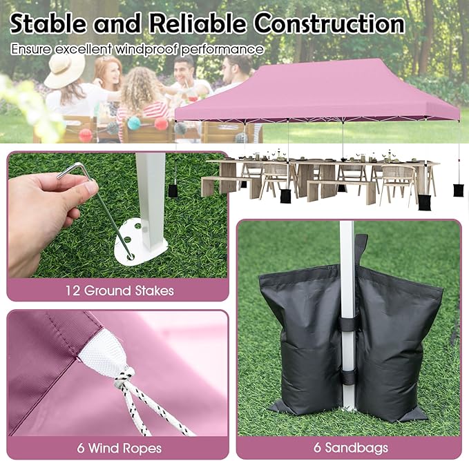Tangkula 10x20 Ft Pop Up Canopy, Instant Setup Tent with 6 Sandbags, 12 Stakes & 6 Ropes, UPF 50+ Portable Outdoor Canopy Tent with Carrying Bag for Camp, Beach, Patio (Pink)