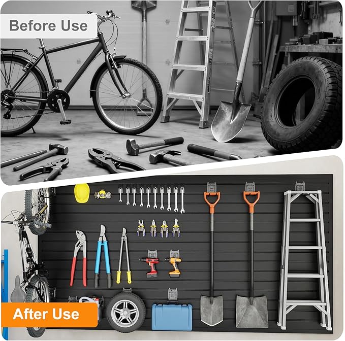 DoCred Slatwall Paneling Organizer, 4x4 FT PVC Garage Slat Wall Storage Systems, Heavy Duty Mounted Slat Peg Board for Tool Organization Ladder Bike Rack (Black)