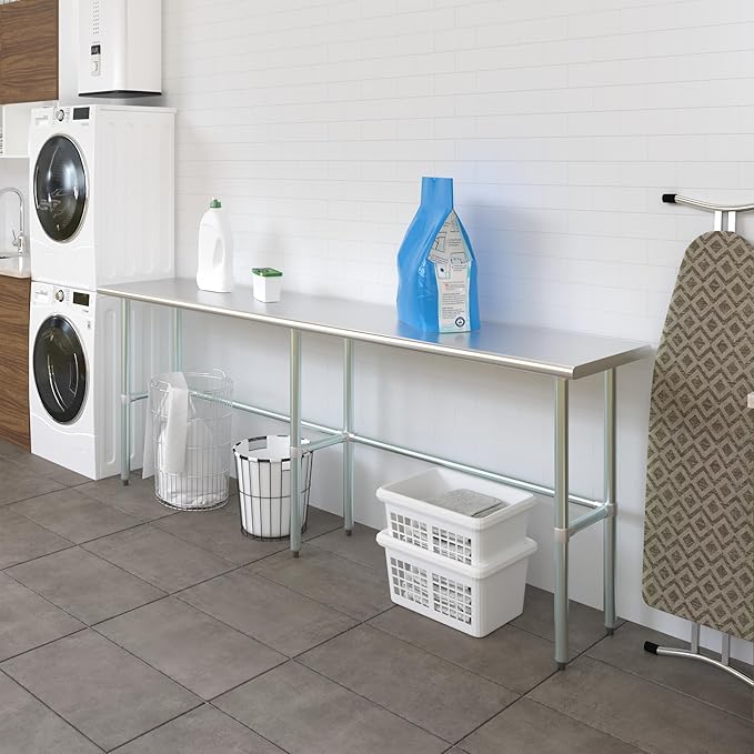 AmGood Stainless Steel Work Table Open Base | NSF Kitchen Island Food Prep | Laundry Garage Utility Bench (96" Long X 18" Deep)