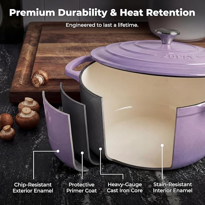 Zulay Kitchen 6 Quart Enameled Cast Iron Dutch Oven Pot with Lid – Premium Durability & Oven Safe up to 500°F – Heavy Duty Cookware Perfect for Bread Baking, Stews, Braising & Roasting – Lavender Jade