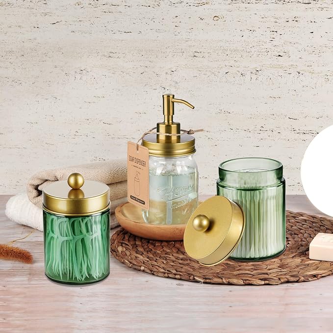 Amolliar Green Glass Apothecary Jar, Qtip Holder Bathroom Decor - Image 7