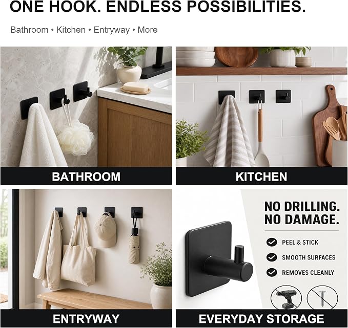 4 Pack Adhesive Towel Hooks, Heavy Duty Stainless Steel No Drill - Image 7
