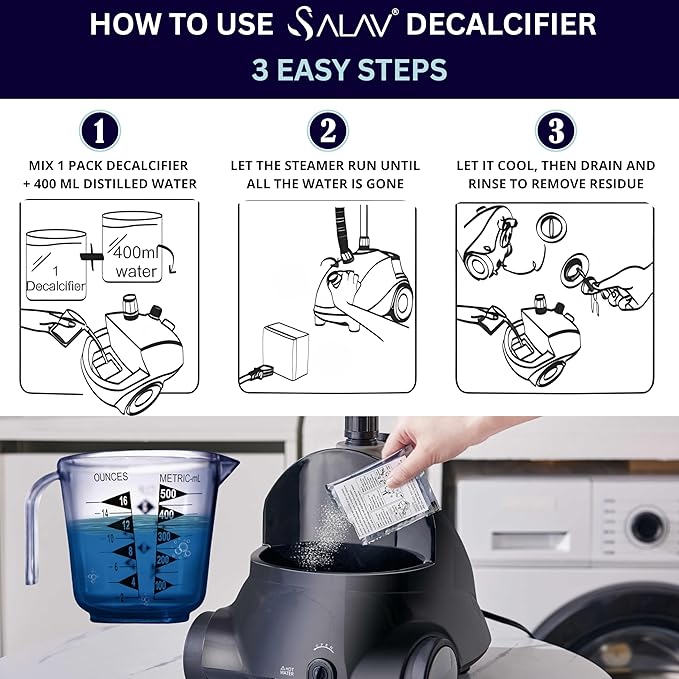 SALAV Garment Steamer Descaling Solution Decalcifier Packets for Mineral Deposits and Build-up Removal, Maintenance for Clothes, Works with all Garment Steamer Brands, Cleans Build Up, 3 packs