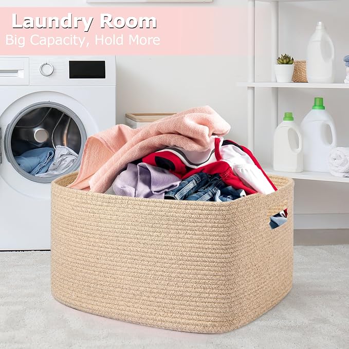 Large 75L Woven Laundry Basket, Collapsible Cotton Rope Storage Hamper - Image 6
