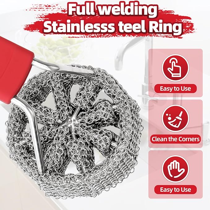 Cast Iron Chainmail Scrubber with Handle - Cleaner for Pans and Pots - Premium Stainless Steel/Silicone Scraper for Skillets - Ergonomic Food-Safe Design - Easy to Clean Cookware Dish Brush