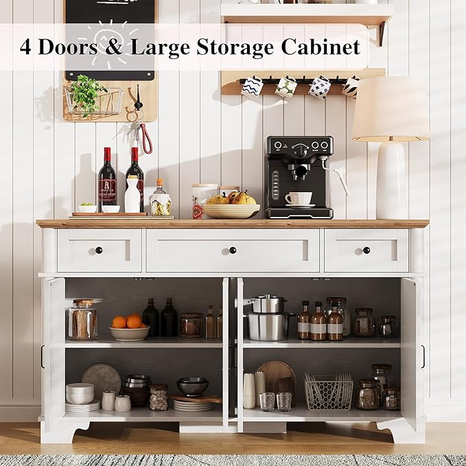 Farmhouse Buffet Cabinet with Storage, 55 Inch White Sideboard Buffet Cabinet with Adjustable Shelves & 3 Drawers, Buffet Table Coffee Bar Wine Bar Storage for Kitchen & Living Room