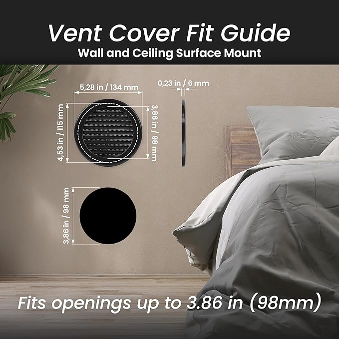Repa Market 4 Inch (Opening) Black Round Air Vent Cover - Pack of 5 Plastic Fresh Air Intake Vent - AC Cover with Nylon Mesh Screen - Wall, Ceiling HVAC Return Air Register - Modern Soffit Vents