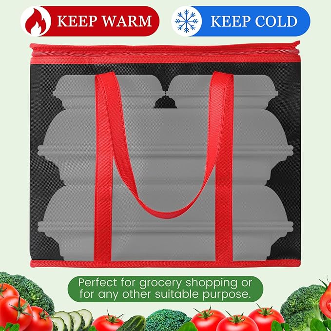 Kenning 8 Pcs Large Insulated Reusable Grocery Bags with Sturdy Zipper and Handles Foldable Washable Cooler Totes Heavy Duty Hot or Cold Food Delivery Bag for Food Transport Travel Lunch (Black Red)