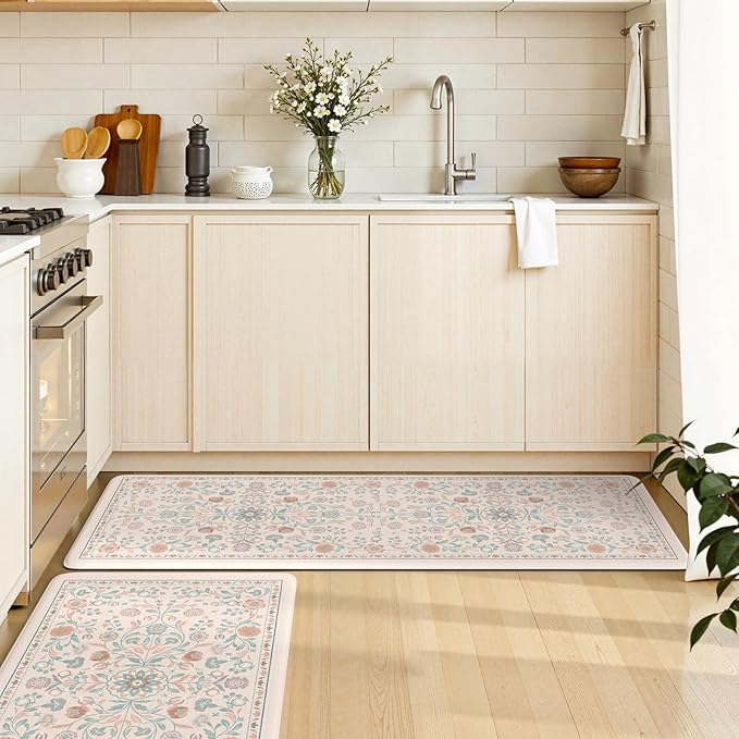 KIMODE Comfort Kitchen Mats Cushioned Anti Fatigue,Boho Floral Kitchen Rugs Sets of 2 Non Slip,Wide Padded Memory Foam Ergonomic Standing Carpet for Laundry Sink Office,Pink
