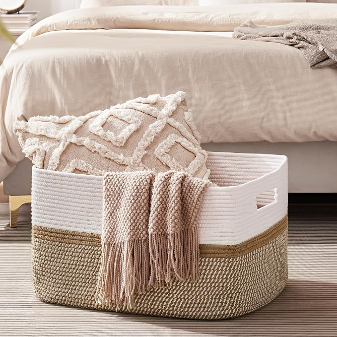 OIAHOMY Blanket Basket Laundry Basket Dog Toy Basket 75L Yellow/White - Image 6