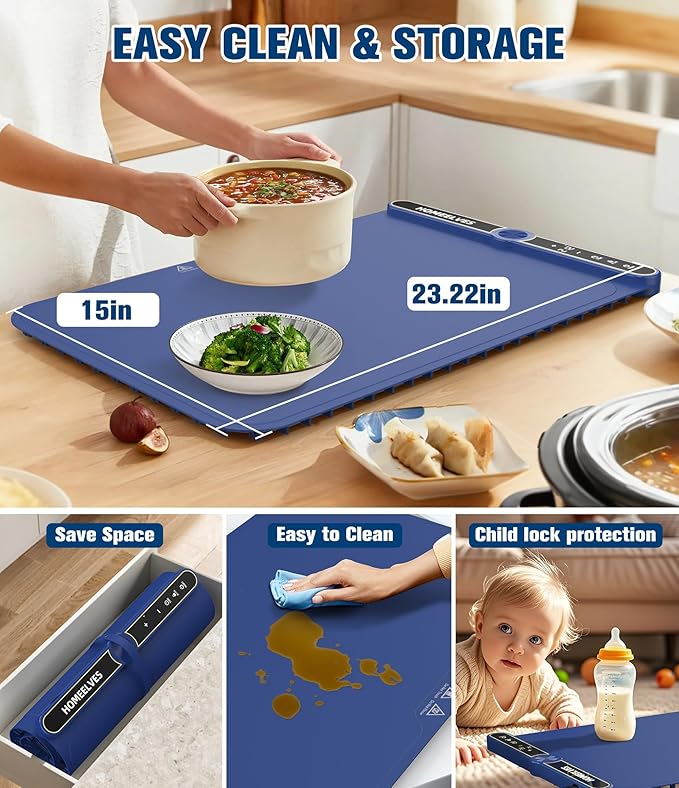 Food Warming Mat, Rapid Heating Electric Warming Tray with 9 Temp Setting and 6 Hours Timer,Foldable Warming Trays for Food, Portable Food Warmers for Parties Buffet, Blue