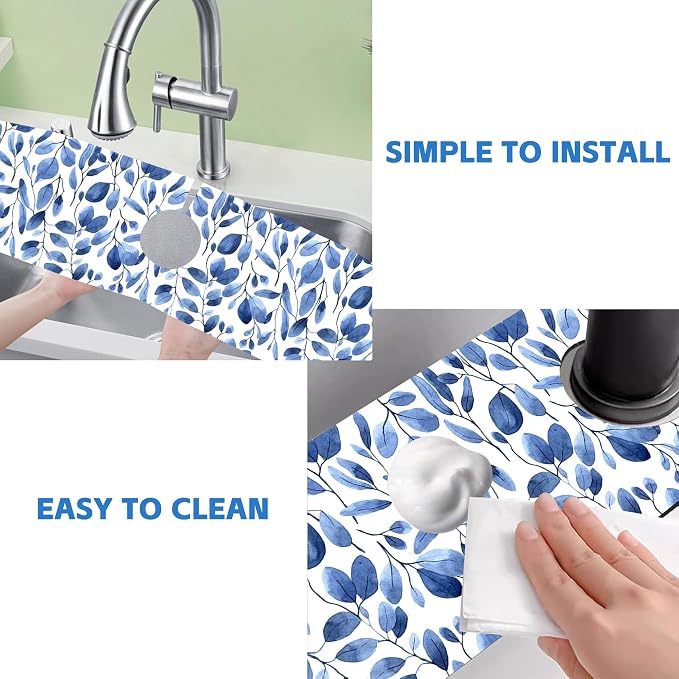 Watercolor Blue Leaves Sink Faucet Absorbing Mat Sink Splash Guard Faucet Mat - Image 5