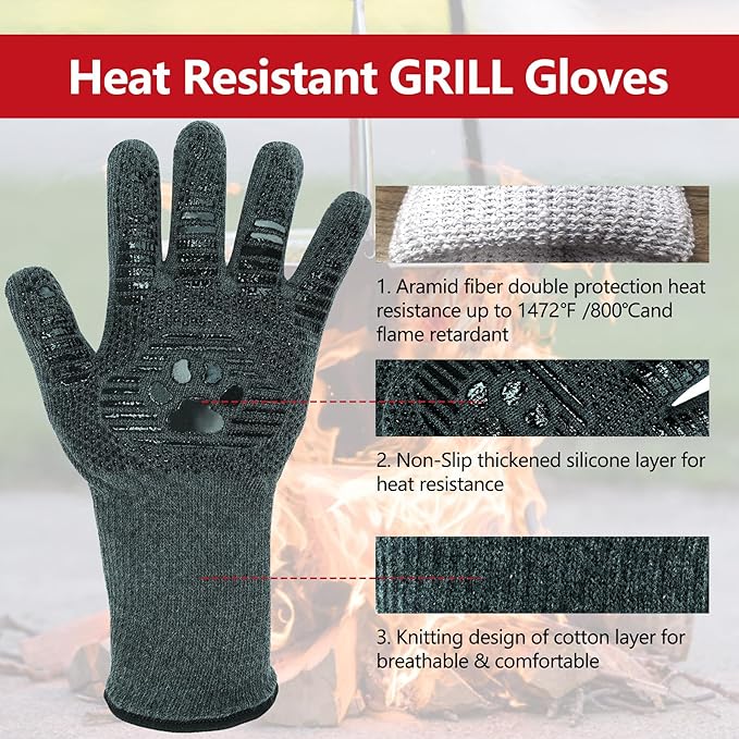 UBeesize Lengthen BBQ Gloves (Bear Paw), 1472°F Heat Resistant Grill Glove, 14 inch Fireproof Oven Gloves for Cooking, Non-Slip Fire Glove for Grilling, Barbecue, Smoker, Baking, Frying