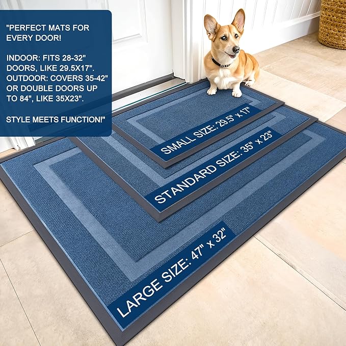 OLANLY Front Door Mat Indoor Outdoor Entrance, Waterproof All-Season, All-Weather Doormat, Sturdy Natural Rubber, Fade Resistant, Low Profile, Easy Clean Patio Porch Entryway Mat, 59x23, Light Blue