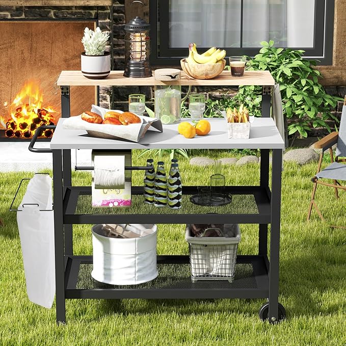 GOFLAME Outdoor Patio Cart Table, Kitchen Shelf on Wheels with Flip Top, Trash Bag Holder, Movable Hooks, Side Handle, Rolling Dining Grill Table, 4-Tier Serving Cart for Home, Bar (Without Chairs)