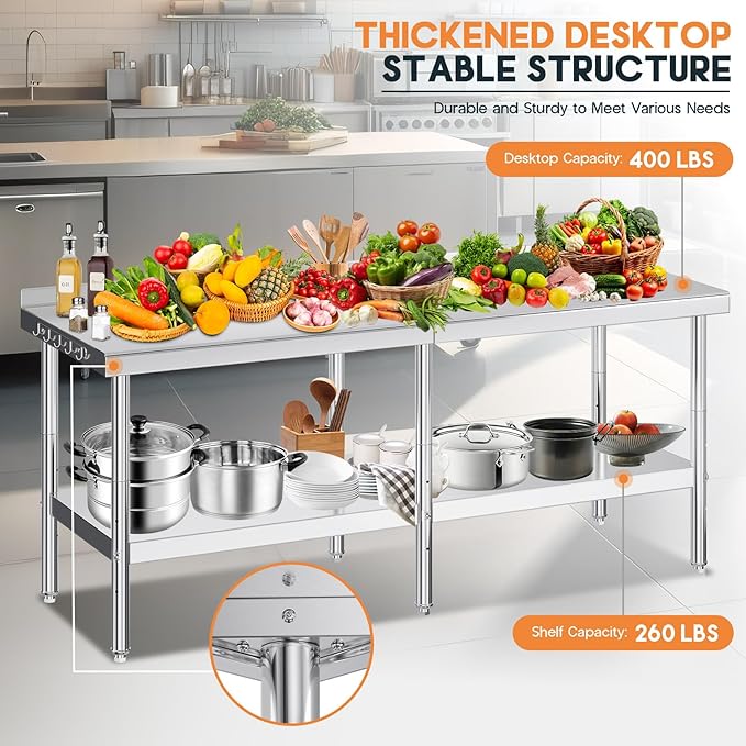 Jocisland 30" x 82" Stainless Steel Table for Prep & Work with Backsplash, Adjustable Under Shelf & Safe Design for Restaurant, Home and Outdoor