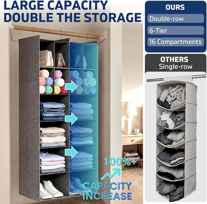 6 Tier Hanging Closet Organizer, 16 Compartments Dual Row Storage, 3 Sturdy - Image 3