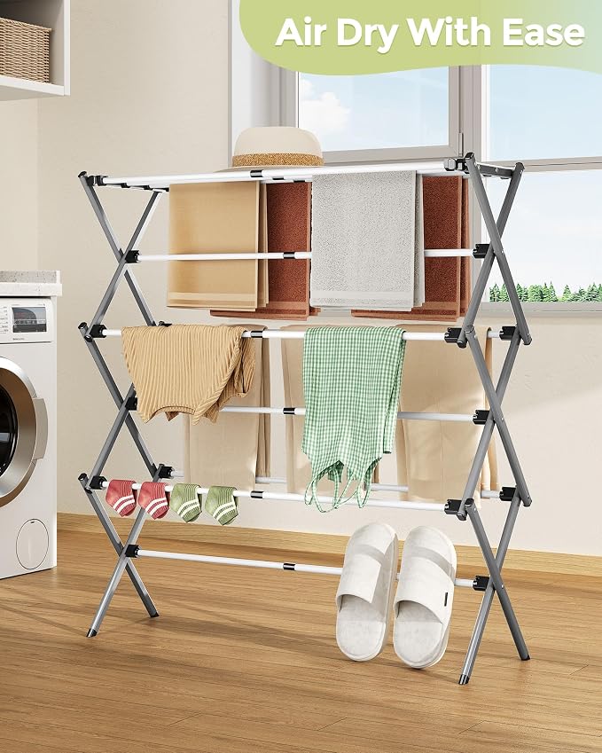 3-Tier Foldable Clothes Drying Rack, 37.6" H, Tool-free Assembly, Extendable - Image 7