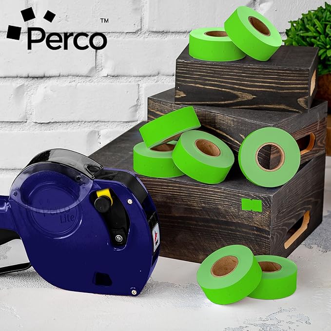 Perco 1 Line Fluorescent Green Labels - 8 Rolls, 1 Sleeve, 8,000 Blank Price and Date Gun Labels for Perco Lite, X, Plus and Pro 1 Line Price and Date Guns - Made in USA