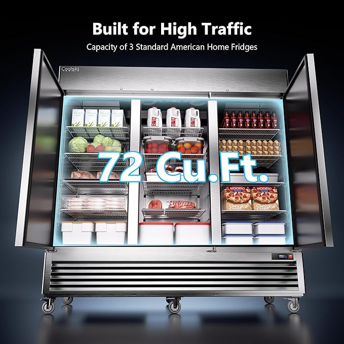 Coolski 82'' Commercial Freezer 3 Doors, Reach-In Upright Freezer for Restaurants Bars Garages, 72 Cu.Ft Auto Defrost -13 to -5℉ Temp Control Fan Cooling, ETL NSF Approved