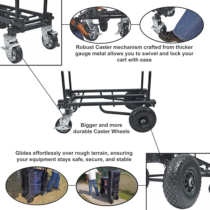 Rockville Rock Cart Off-Road DJ Transport Cart, Big Wheels, Smooth Casters, Wheel Locking, 700lbs Capacity, Folding, Steel, Perfect for Gigs & Events