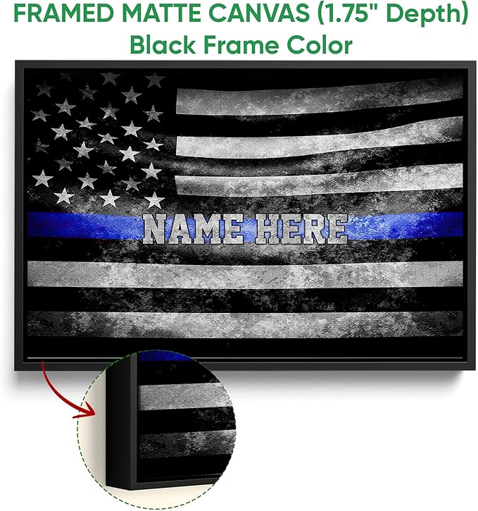 Personalized Police Poster & Framed Canvas, American Flag With Blue Line Home Office Decor, Custom Name Bedroom Living Room Aesthetic Wall Art Gift For Law Enforcement, First Responder