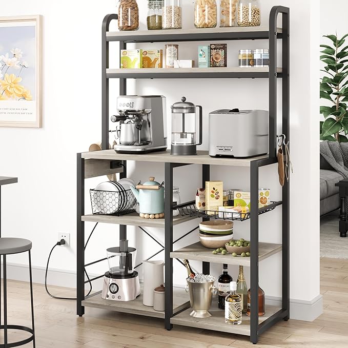 Garvee 5-Tier Bakers Rack with Wire Basket, Microwave Stand with Built-in Power Outlets, Coffee Bar Station, and Open Kitchen Shelving for Spices, Dishes and Pots, Gray