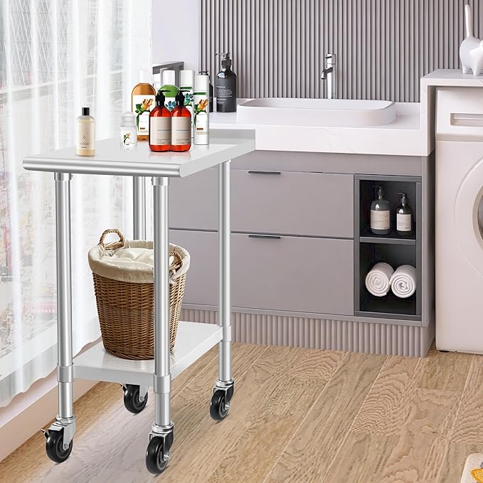 HARDURA Stainless Steel Commercial Work Table with Wheels Prep & Work Metal Table 30×18 Inches Heavy Duty NSF with Casters and 2" Backsplash
