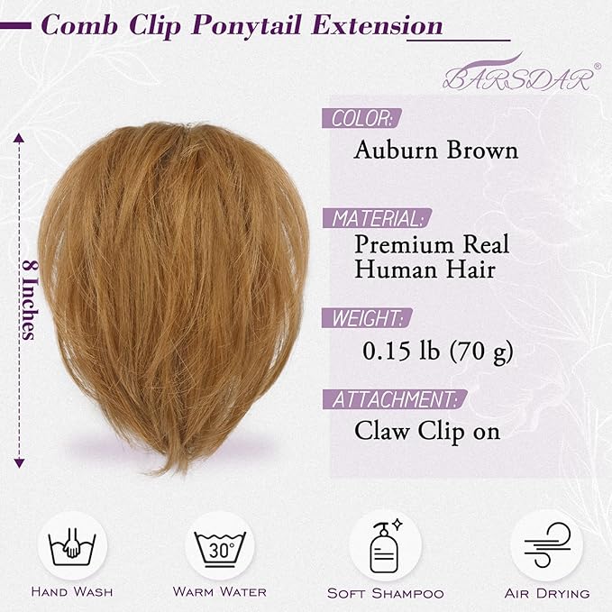 BARSDAR Claw Clip Short Human Hair Ponytail Extension with Bendable Metals - DIY 8 Inch Real Human Hair Auburn Brown Messy Bun Hairpieces for Women - Thick Natural Short Ponytail Daily Wear