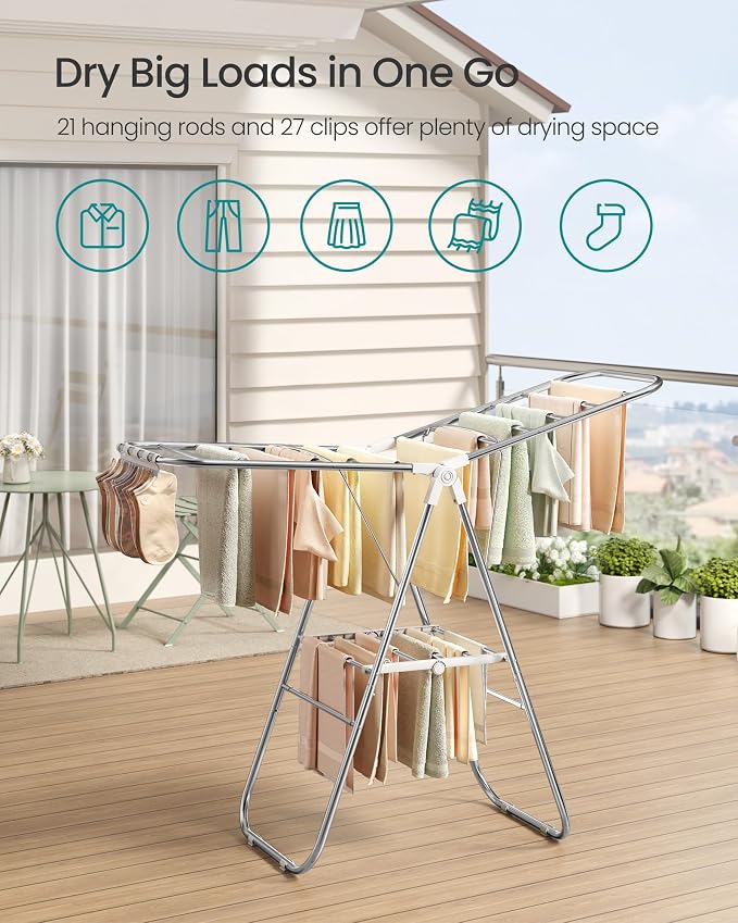 SONGMICS Clothes Drying Rack, Foldable Laundry Drying Rack, Metal Clothes Airer - Image 3