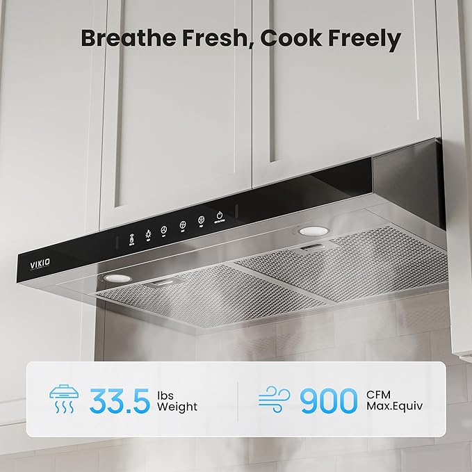 Under Cabinet Range Hood 36 Inch, 900 CFM Dual Centrifugal Motor, 3-Speed Ducted Kitchen Vent, Reusable Filters, Stainless Steel Kitchen Hood with LED Lights, Low Noise, Glass Black