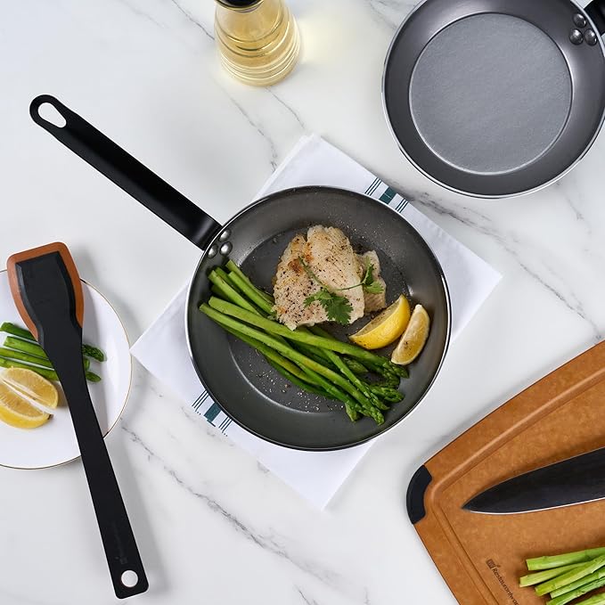 Restaurantware Met Lux 9.5 Inch Fry Pans, 6 No-Stick Frying Pans - Induction-Ready, Triple-Riveted, Silver Carbon Steel Cooking Skillets, Durable, For Searing, Sauteing, And Browning Food