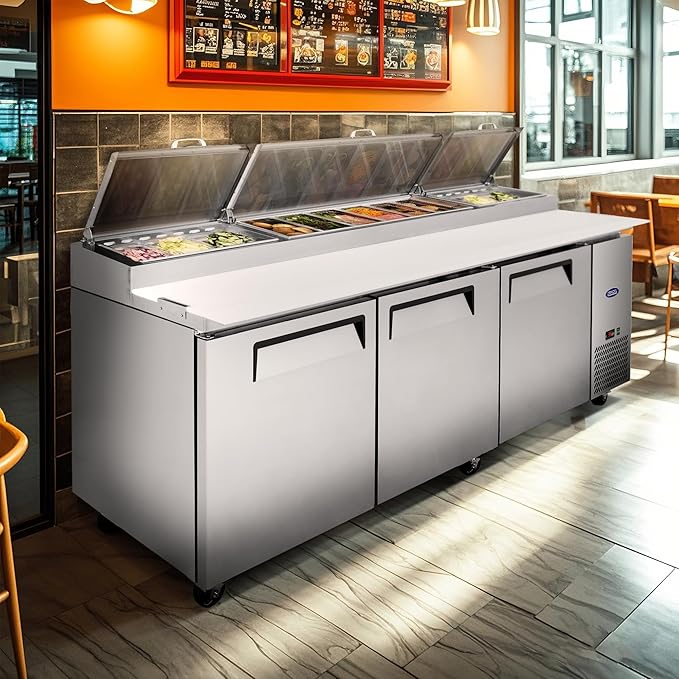 93" Commerical Pizza-Sandwich Prep Table Refrigerator - 3 Door Stainless Steel Refrigerator, 31 Cu.ft Capacity, Low Noise, Adjustable Shelves, Auto Defrost, Digital Temp Control