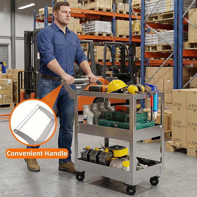 3-Tier Gauge Stainless Steel Multi-Functional cart, 1100-pound Heavy-Duty Wheeled Service cart, Wheeled Rolling Tool cart, Suitable for Mechanics, garages, workshops, Warehouses