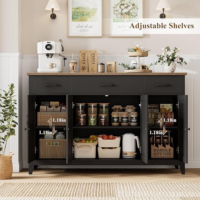 HORSTORS 55" Buffet Cabinet, Modern Farmhouse Sideboard Buffet with Drawers, Large Kitchen Storage Cabinet with Adjustable Shelves, Wood Coffee Bar for Kitchen, Dining Room, Living Room, Black