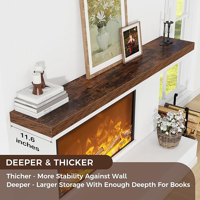 Floating Shelves for Wall 72"W x 11.6"D x 2"H, Engineered Wood Wall Shelves with Invisible Brackets for Living Room Bedroom Bathroom Office Kitchen Decor and Storage, Rustic Brown Finish, Set of 1