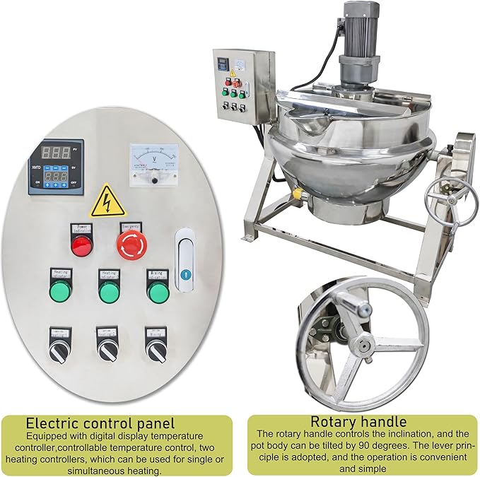 Jacketed Cooking Pot Electric Jacketed Kettle with Stirrer Commercial Stainless Steel Tiltable Jacketed Pot 200L 52.8Gallon Capacity for Soup Chili Sauce Beverage Jam Porridge 220V
