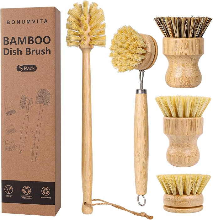 BOMUMVITA 5 Pack Bamboo Dish Brush Set by BONUMVITA
