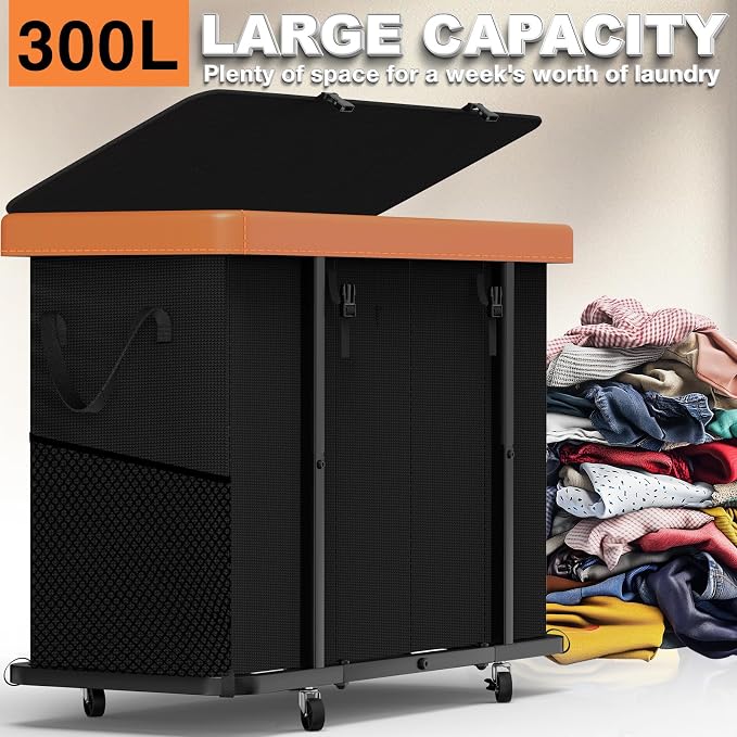 Laundry Basket with Wheels, 300L Leather Patchwork Laundry Sorter 4 Section - Image 3