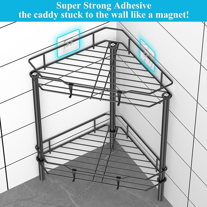 HuggieGems Metal Floor Standing Corner Shower Caddy, Matt Black, 2 Tier - Image 2
