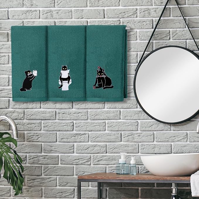 3 Pcs Cat Hand Towels for Bathroom Decor | Embroidered Black Cat Design - Image 3
