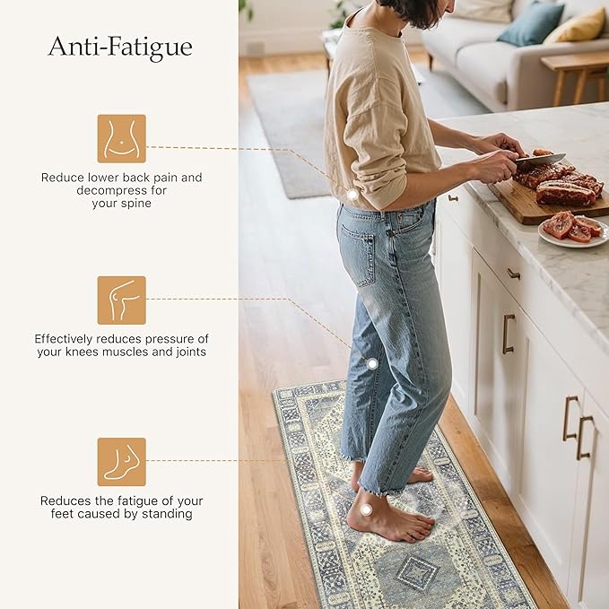 GENIMO Kitchen Mats for Floor 2PCs, Washable Anti Fatigue Mat for Cushioned, 17.3"x47"+17.3"x30", Waterproof Kitchen Rugs, Non Slip Comfort Standing Mat Rug for Home, Sink, Laundry, Vintage Blue