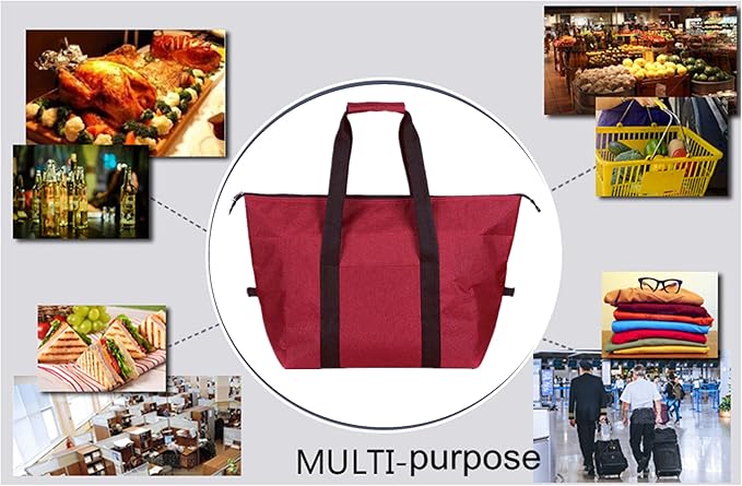 Insulated Grocery Thermal Tote Bags for Frozen Cold Hot Foods, Reusable Insulation Zippered Bag for Shopping, Travel, Picnic or Lunch, Red