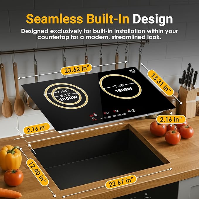K&H Dual Radiant Electric Cooktop - 12 Inch Built-In Electric Stove Top with 9 Heating Levels - 240V, 3400W Built-in Radiant Ceramic Glass Cooktop - Touch Control, Timer & Child Lock, HCC-3402