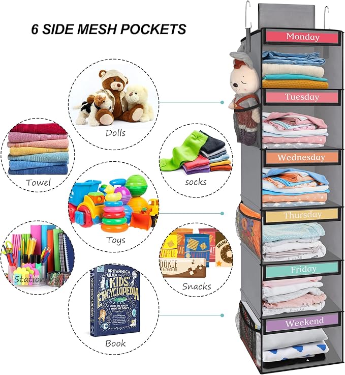 Fixwal Weekly Kids Clothes Organizer 6-Shelf Hanging Closet Storage Grey | - Image 6