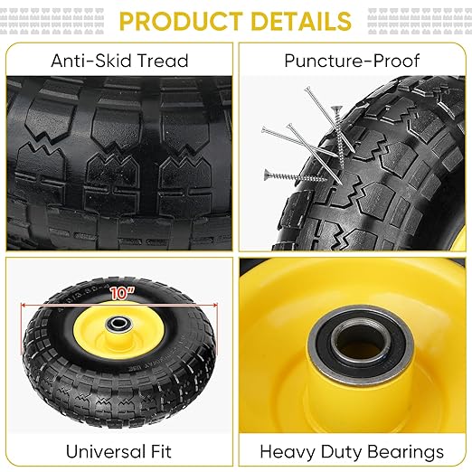 TICONN 10" Solid Tires, 4 Pack Flat Free 4.10/3.50-4'' Wheels with 5/8” Axle Bore Hole and Double Sealed Bearings (Yellow, 4PK)